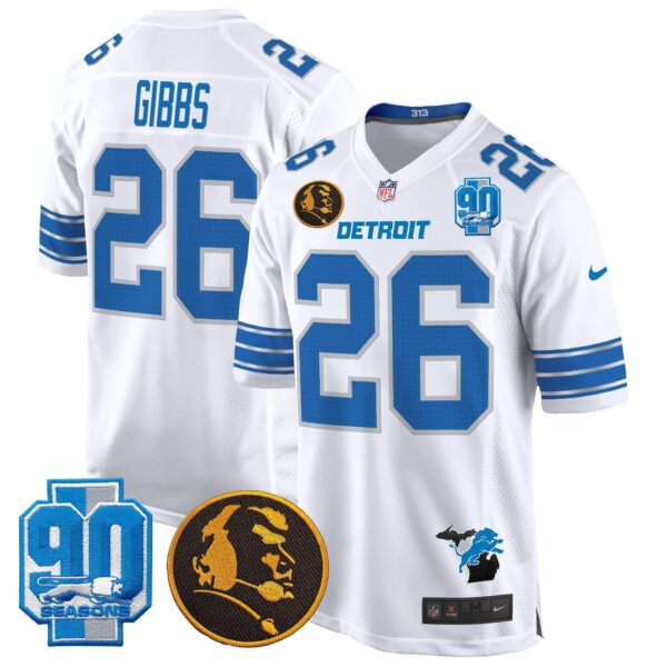 Detroit Lions 2024 90th & John Madden Patch Game Jersey – All Stitched – White – Jahmyr Gibbs Jersey