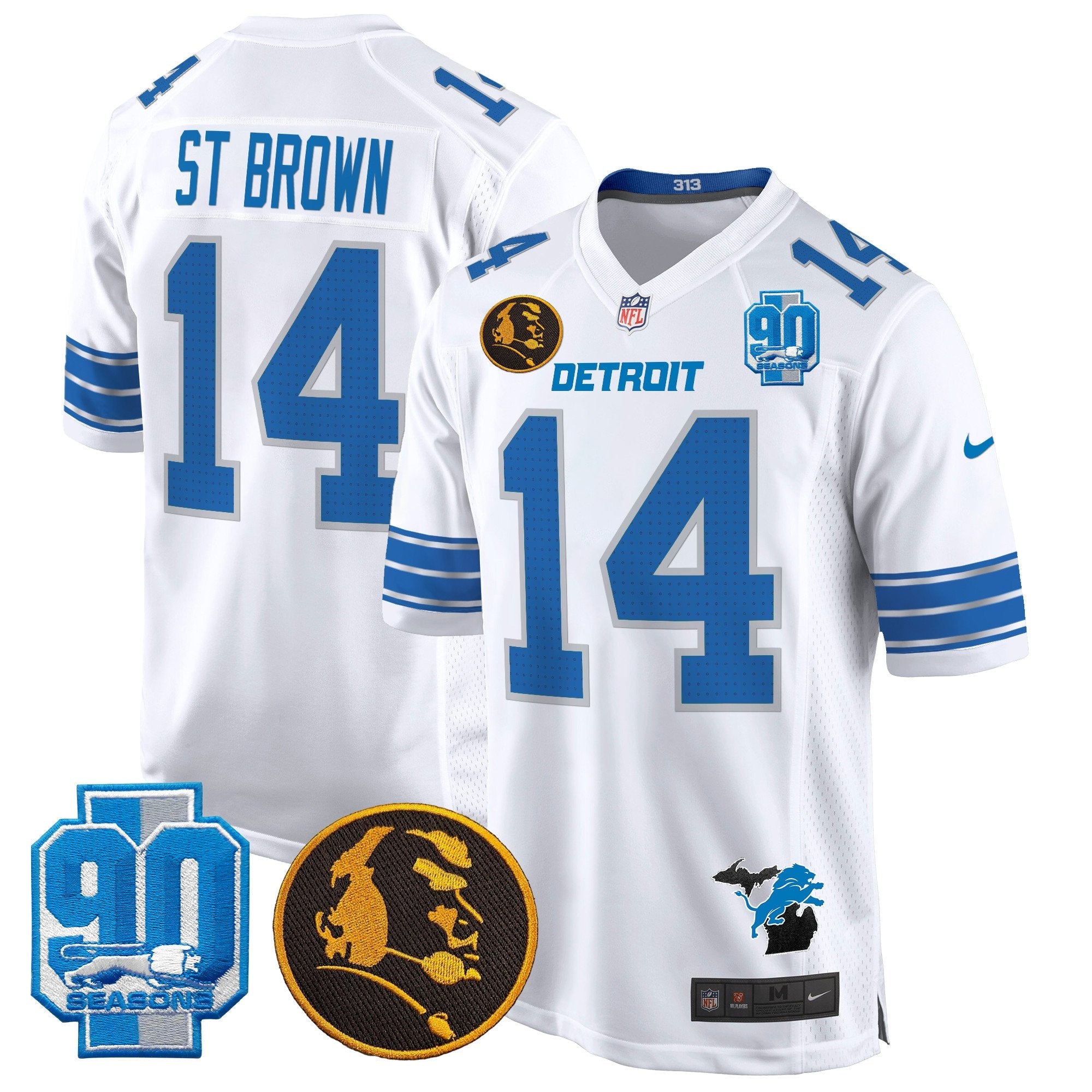 Detroit Lions 2024 90th & John Madden Patch Game Jersey – All Stitched – White – St.Brown Jersey