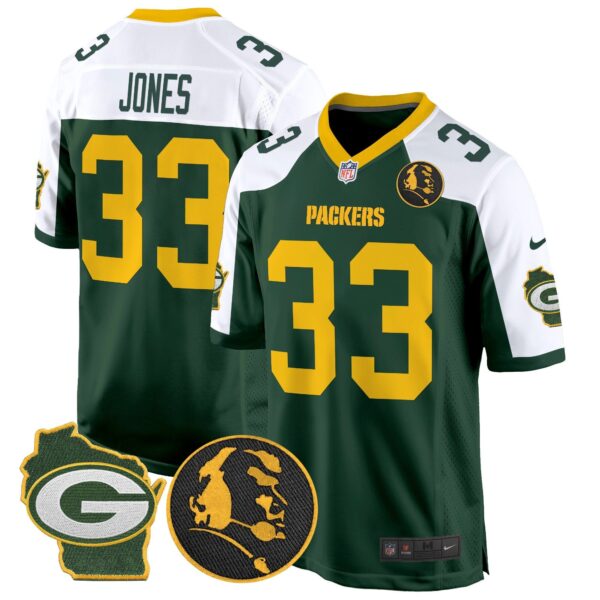Packers John Madden & Home Patch Game Jersey – All Stitched – Green Alternate – Aaron Jones Jersey