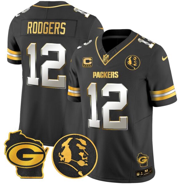 Packers John Madden & Home Patch Gold Vapor Limited Jersey – All Stitched – Black Limited – Aaron Rodgers Jersey