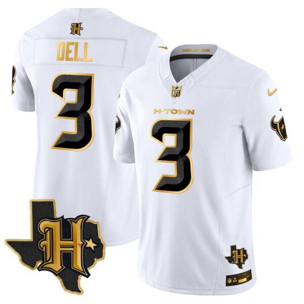 Houston Texans 2024 Texas Patch Gold Vapor Limited Jersey – All Stitched – White Gold – Tank Dell Jersey