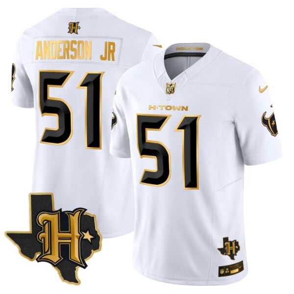 Houston Texans 2024 Texas Patch Gold Vapor Limited Jersey – All Stitched – White Gold – Will Anderson Jr. Jersey