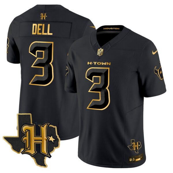 Houston Texans 2024 Texas Patch Gold Vapor Limited Jersey – All Stitched – Black Gold – Tank Dell Jersey