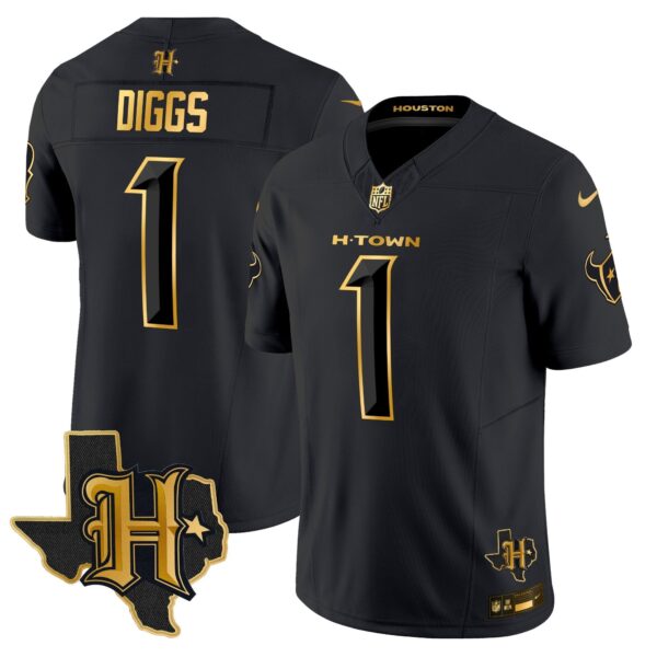 Houston Texans 2024 Texas Patch Gold Vapor Limited Jersey – All Stitched – Black Gold – Stefon Diggs Jersey