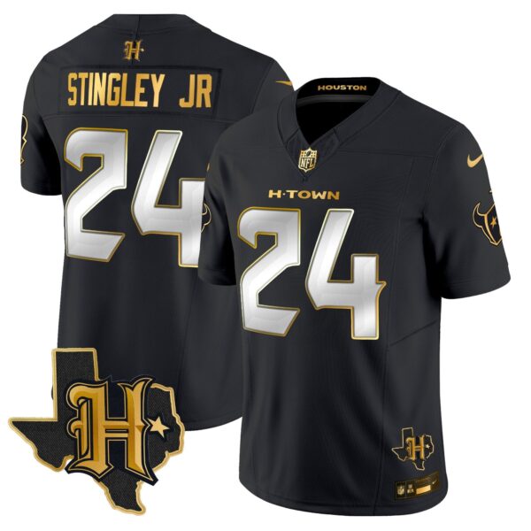 Houston Texans 2024 Texas Patch Gold Vapor Limited Jersey – All Stitched – Black Limited – Derek Stingley Jr. Jersey