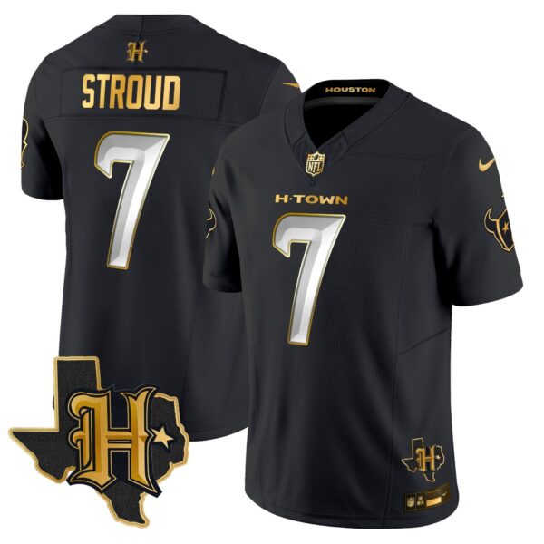 Houston Texans 2024 Texas Patch Gold Vapor Limited Jersey – All Stitched – Black Limited – C.J. Stroud Jersey