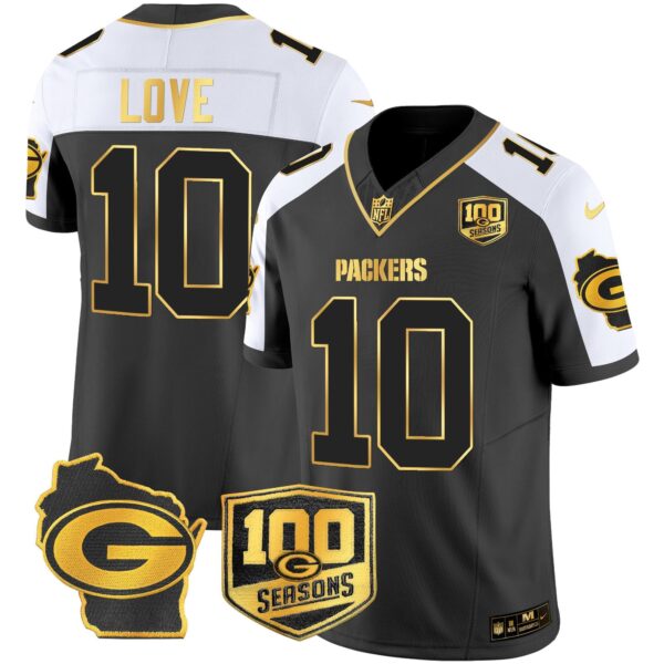 Packers 100th Season & Home Patch Gold Vapor Limited Jersey – All Stitched – Alternate – Jordan Love Jersey