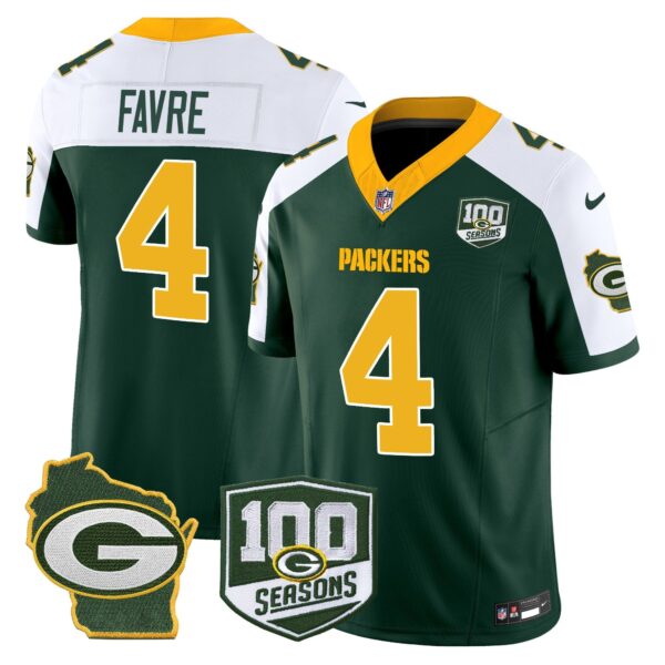 Packers 100th Season & Home Patch Vapor Limited Jersey – All Stitched – Green Alternate – Brett Favre Jersey