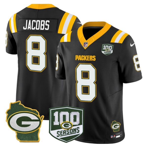 Packers 100th Season & Home Patch Vapor Limited Jersey – All Stitched – Black – Josh Jacobs Jersey