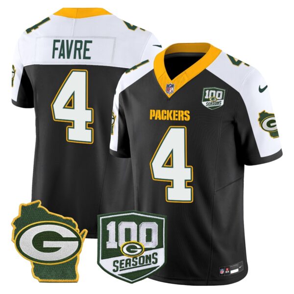 Packers 100th Season & Home Patch Vapor Limited Jersey – All Stitched – Black Alternate – Brett Favre Jersey
