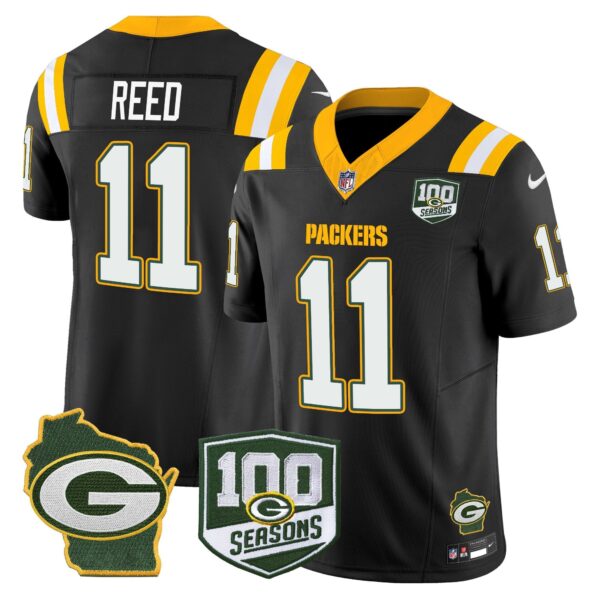 Packers 100th Season & Home Patch Vapor Limited Jersey – All Stitched – Black – Jayden Reed Jersey