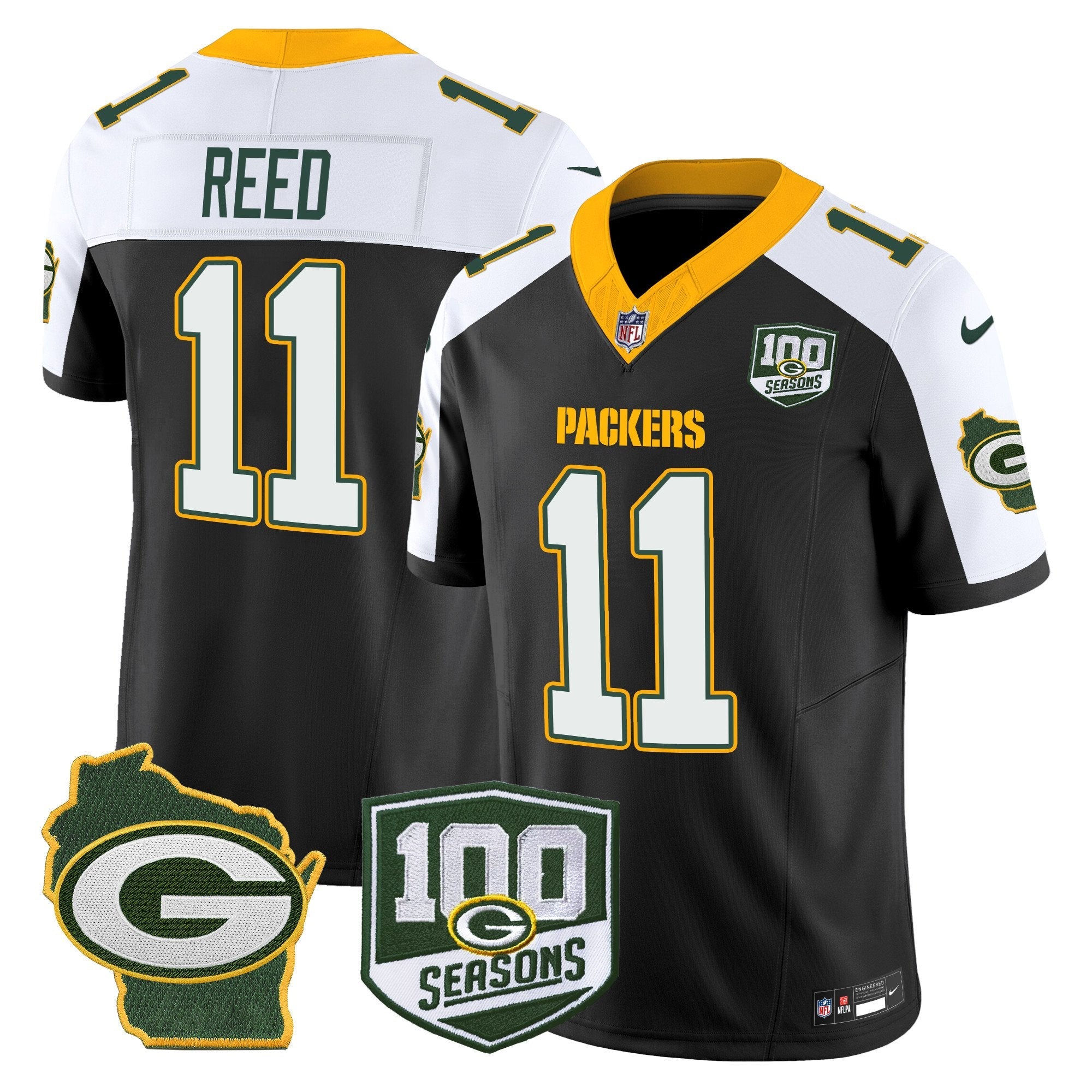 Packers 100th Season & Home Patch Vapor Limited Jersey – All Stitched – Black Alternate – Jayden Reed Jersey