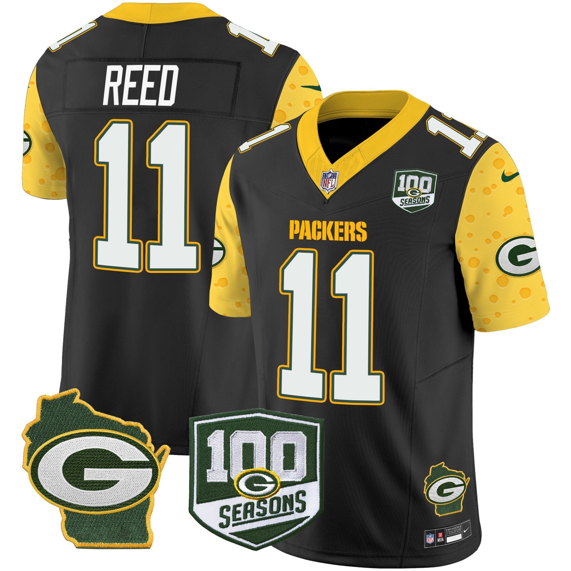 Packers 100th Season & Home Patch Cheese Vapor Limited Jersey – All Stitched – Black – Jayden Reed Jersey