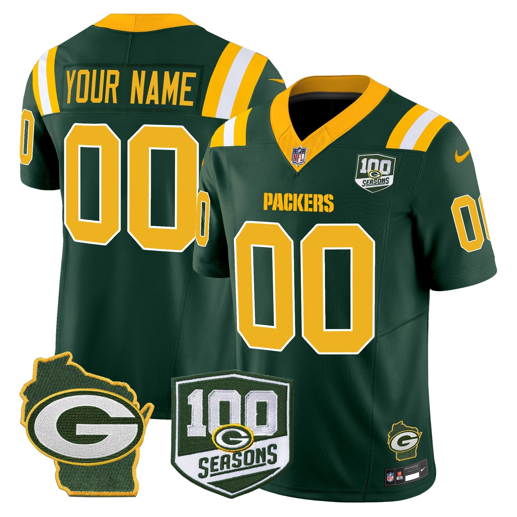Packers 100th Season & Home Patch Vapor Limited Custom Jersey – All Stitched – Green Jersey