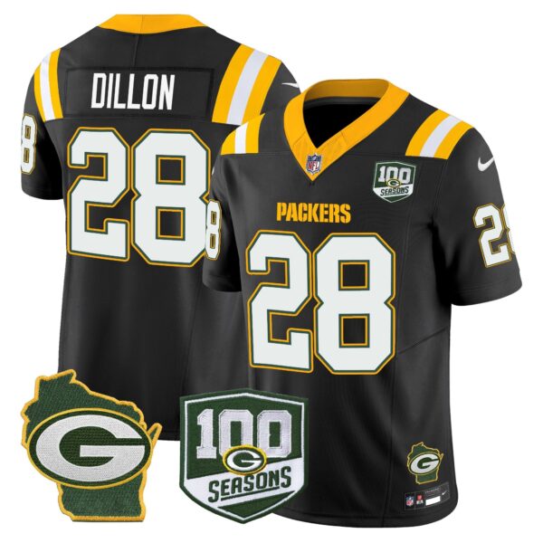 Packers 100th Season & Home Patch Vapor Limited Jersey – All Stitched – Black – AJ Dillon Jersey