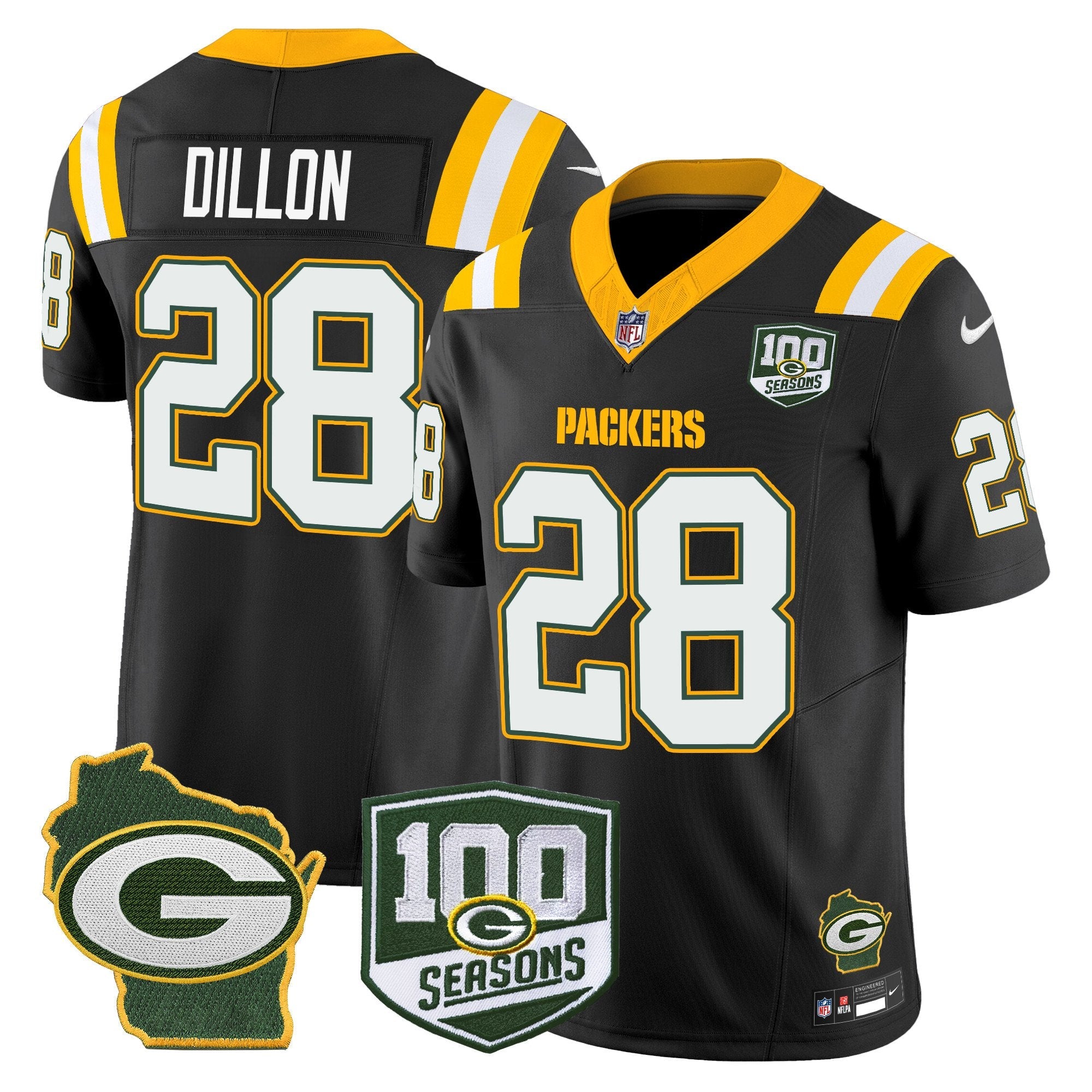 Packers 100th Season & Home Patch Vapor Limited Jersey – All Stitched – Black – AJ Dillon Jersey