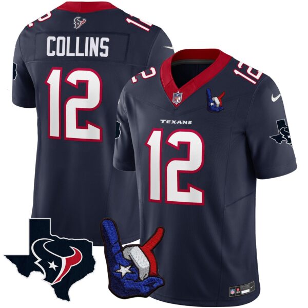 Houston Texans Hand Sign Throwing Up The H Vapor Jersey – All Stitched – Navy – Nico Collins Jersey