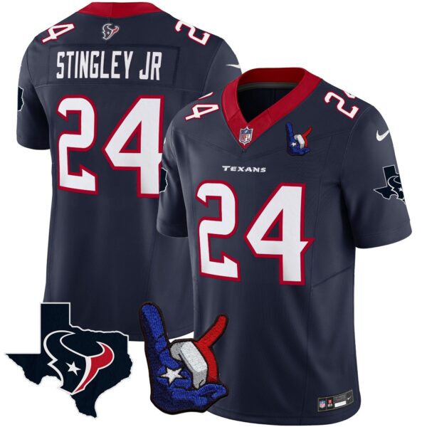 Houston Texans Hand Sign Throwing Up The H Vapor Jersey – All Stitched – Navy – Derek Stingley Jr. Jersey