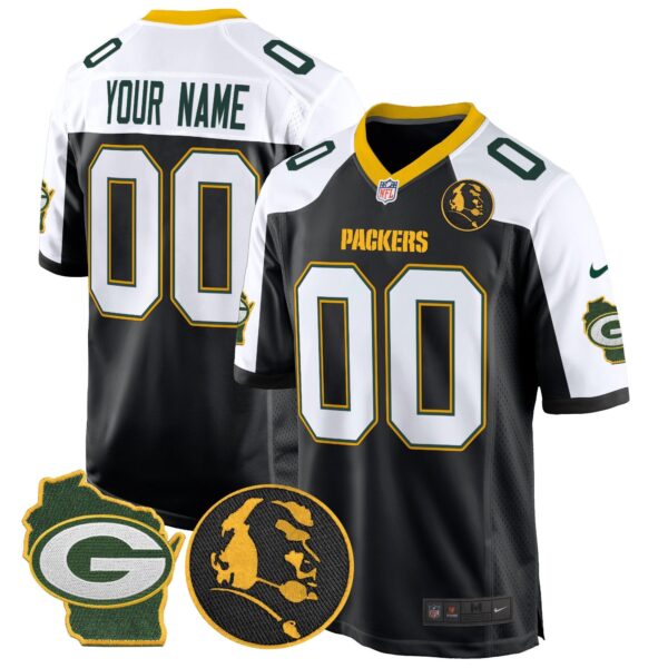 Packers John Madden & Home Patch Game Custom Jersey – All Stitched – Black Alternate Jersey