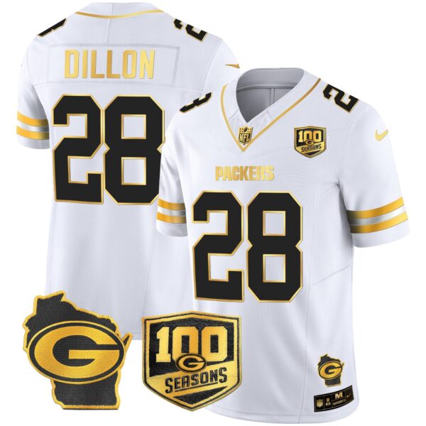 Packers 100th Season & Home Patch Gold Vapor Limited Jersey – All Stitched – White Gold – AJ Dillon Jersey