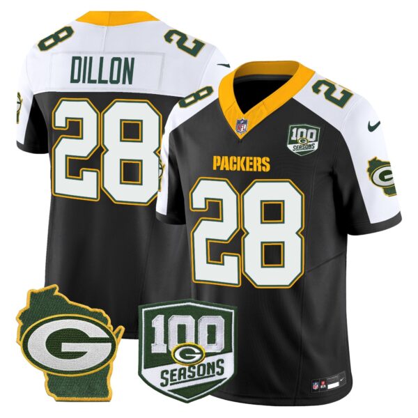 Packers 100th Season & Home Patch Vapor Limited Jersey – All Stitched – Black Alternate – AJ Dillon Jersey