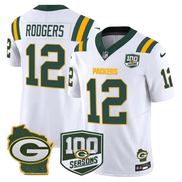 Packers 100th Season & Home Patch Vapor Limited Jersey – All Stitched – White – Aaron Rodgers Jersey
