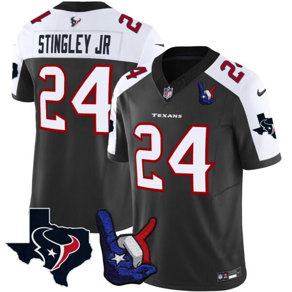 Houston Texans Hand Sign Throwing Up The H Vapor Jersey – All Stitched – Black Alternate – Derek Stingley Jr. Jersey