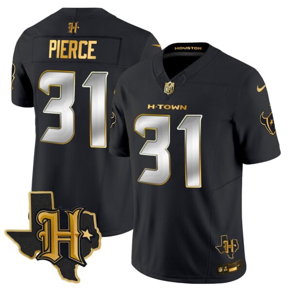 Houston Texans 2024 Texas Patch Gold Vapor Limited Jersey – All Stitched – Black Limited – Dameon Pierce Jersey
