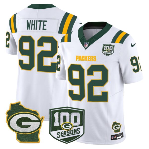 Packers 100th Season & Home Patch Vapor Limited Jersey – All Stitched – White – Reggie White Jersey
