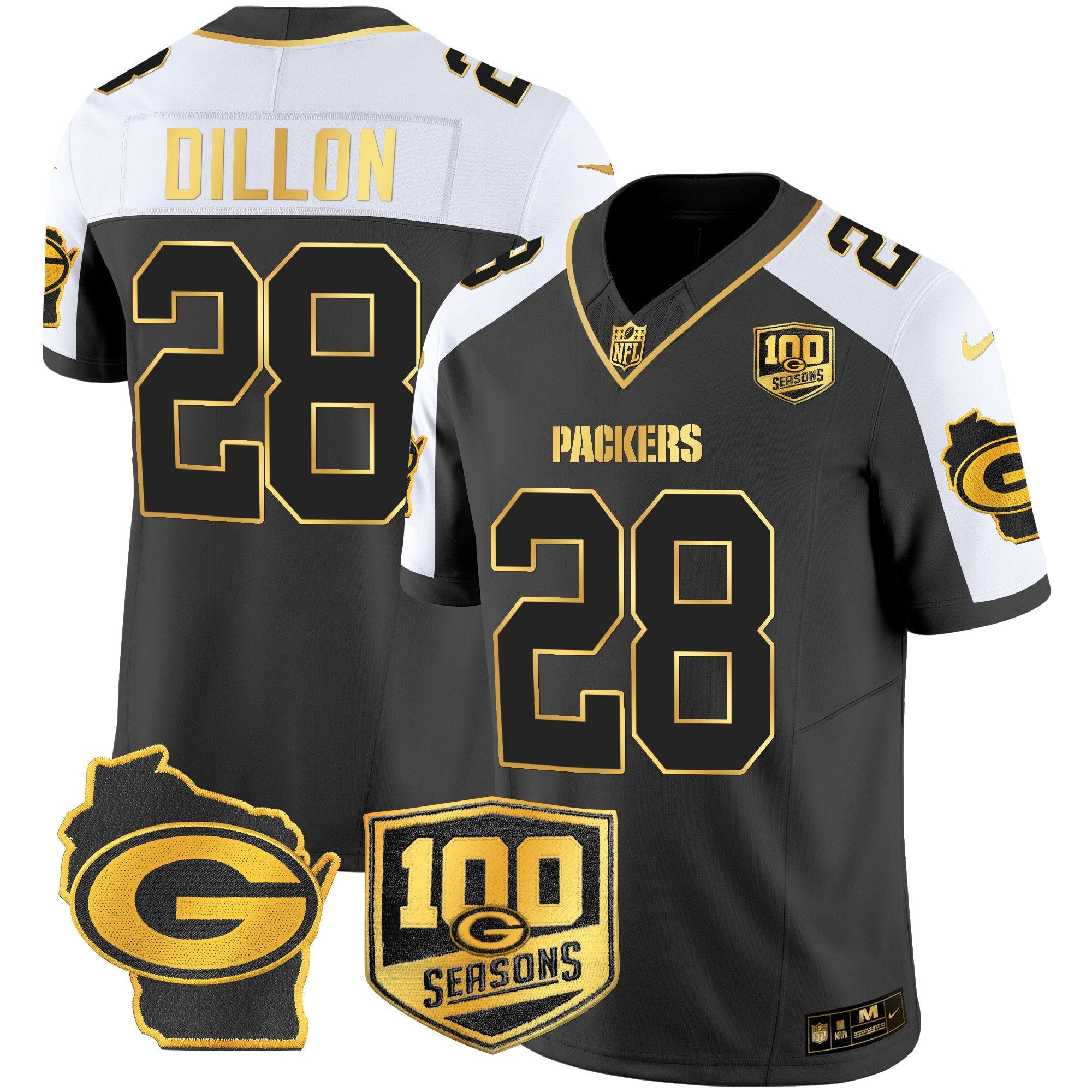 Packers 100th Season & Home Patch Gold Vapor Limited Jersey – All Stitched – Alternate – AJ Dillon Jersey