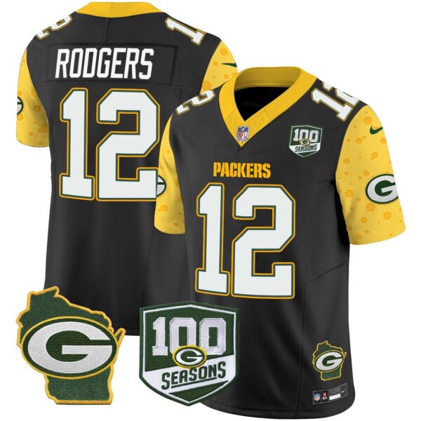 Packers 100th Season & Home Patch Cheese Vapor Limited Jersey – All Stitched – Black – Aaron Rodgers Jersey
