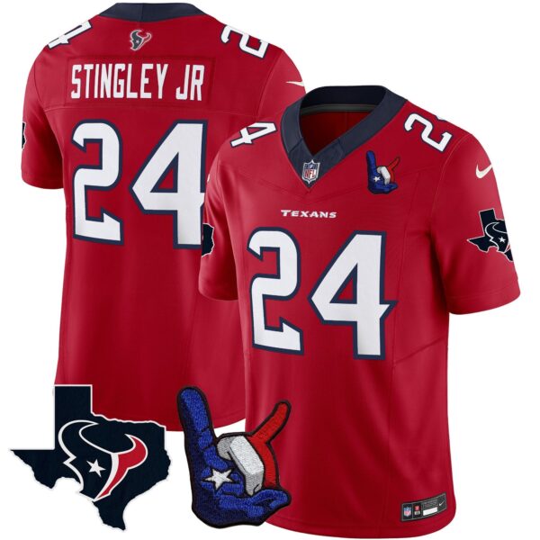 Houston Texans Hand Sign Throwing Up The H Vapor Jersey – All Stitched – Red – Derek Stingley Jr. Jersey