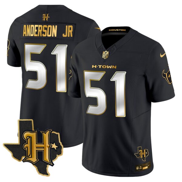 Houston Texans 2024 Texas Patch Gold Vapor Limited Jersey – All Stitched – Black Limited – Will Anderson Jr. Jersey