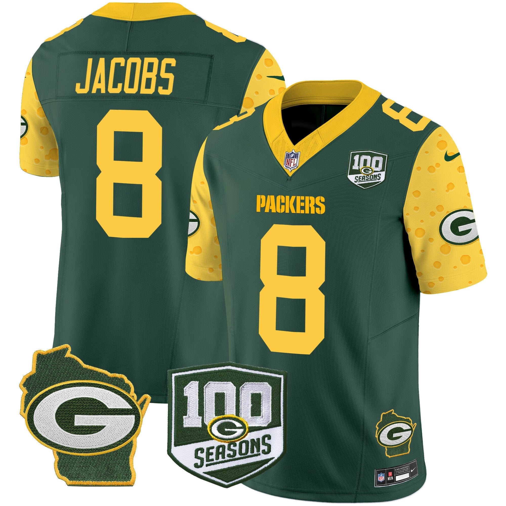 Packers 100th Season & Home Patch Cheese Vapor Limited Jersey – All Stitched – Green – Josh Jacobs Jersey