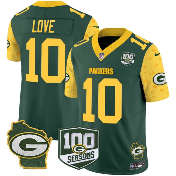 Packers 100th Season & Home Patch Cheese Vapor Limited Jersey – All Stitched – Green – Jordan Love Jersey