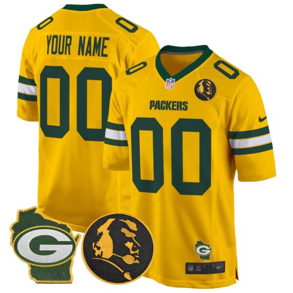 Packers John Madden & Home Patch Game Custom Jersey – All Stitched – Gold Jersey