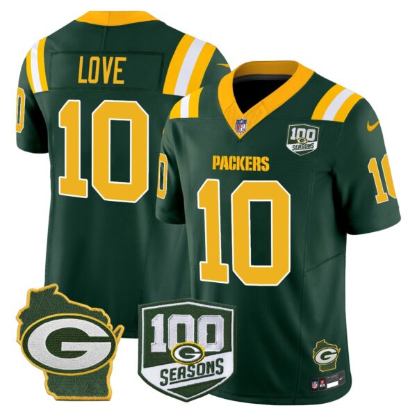 Packers 100th Season & Home Patch Vapor Limited Jersey – All Stitched – Green – Jordan Love Jersey