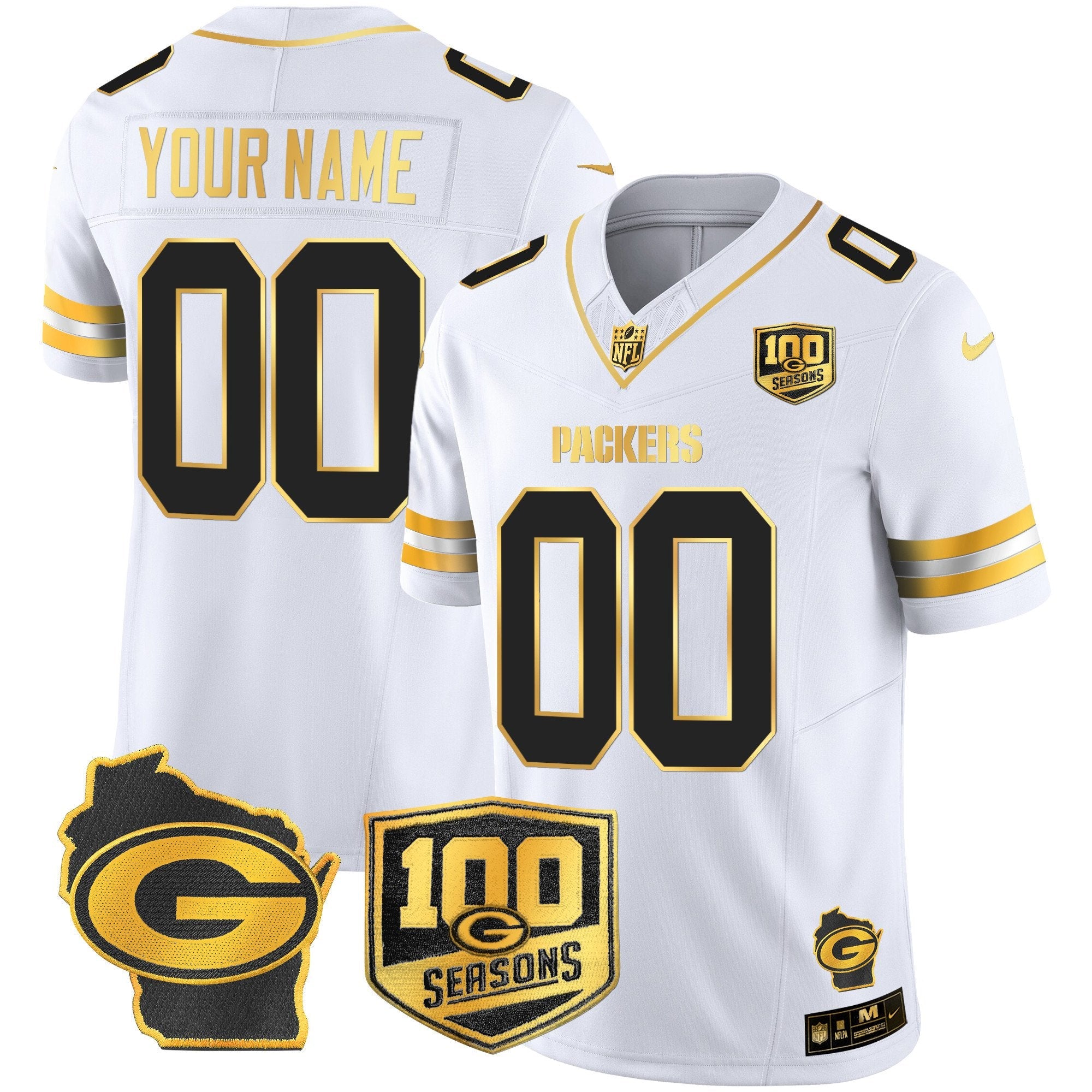 Packers 100th Season & Home Patch Gold Vapor Limited Custom Jersey – All Stitched – White Gold Jersey