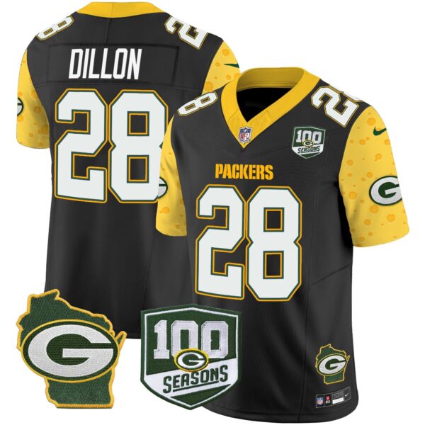 Packers 100th Season & Home Patch Cheese Vapor Limited Jersey – All Stitched – Black – AJ Dillon Jersey