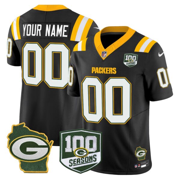 Packers 100th Season & Home Patch Vapor Limited Custom Jersey – All Stitched – Black Jersey