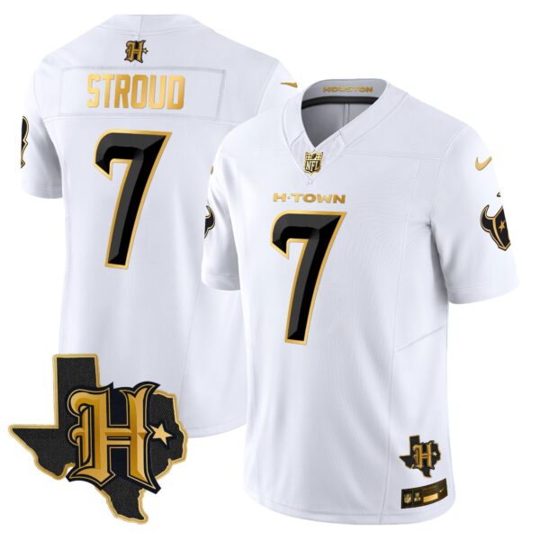 Houston Texans 2024 Texas Patch Gold Vapor Limited Jersey – All Stitched – White Gold – C.J. Stroud Jersey