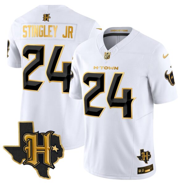 Houston Texans 2024 Texas Patch Gold Vapor Limited Jersey – All Stitched – White Gold – Derek Stingley Jr. Jersey