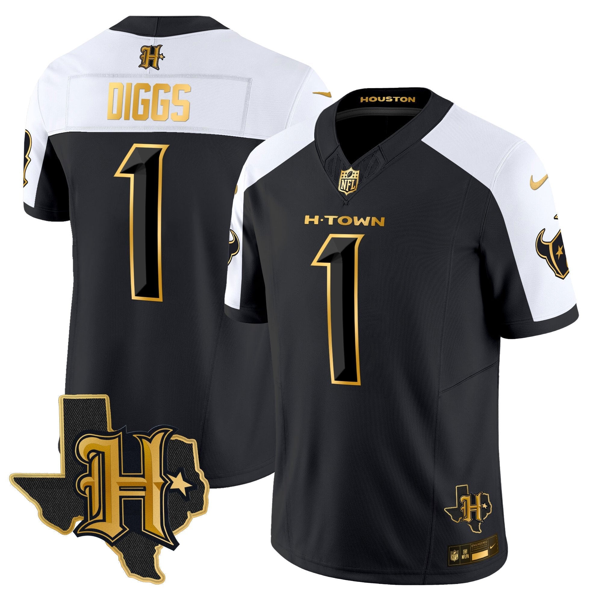 Houston Texans 2024 Texas Patch Gold Vapor Limited Jersey – All Stitched – Alternate – Stefon Diggs Jersey