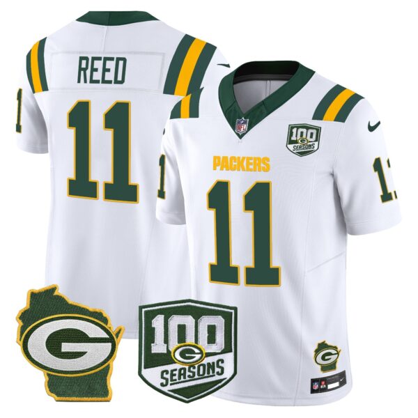 Packers 100th Season & Home Patch Vapor Limited Jersey – All Stitched – White – Jayden Reed Jersey