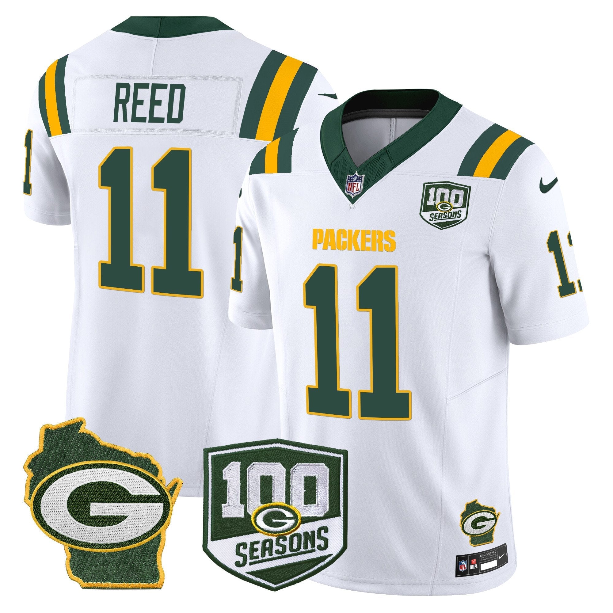 Packers 100th Season & Home Patch Vapor Limited Jersey – All Stitched – White – Jayden Reed Jersey