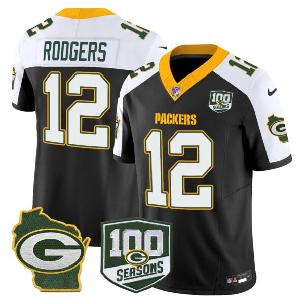 Packers 100th Season & Home Patch Vapor Limited Jersey – All Stitched – Black Alternate – Aaron Rodgers Jersey