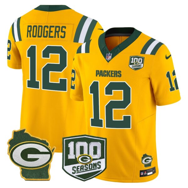 Packers 100th Season & Home Patch Vapor Limited Jersey – All Stitched – Gold – Aaron Rodgers Jersey
