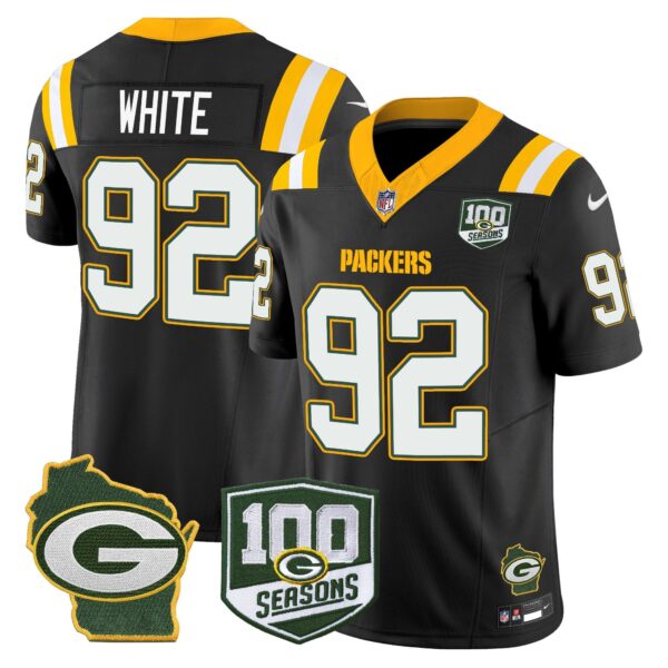 Packers 100th Season & Home Patch Vapor Limited Jersey – All Stitched – Black – Reggie White Jersey