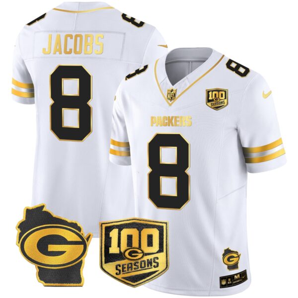 Packers 100th Season & Home Patch Gold Vapor Limited Jersey – All Stitched – White Gold – Josh Jacobs Jersey