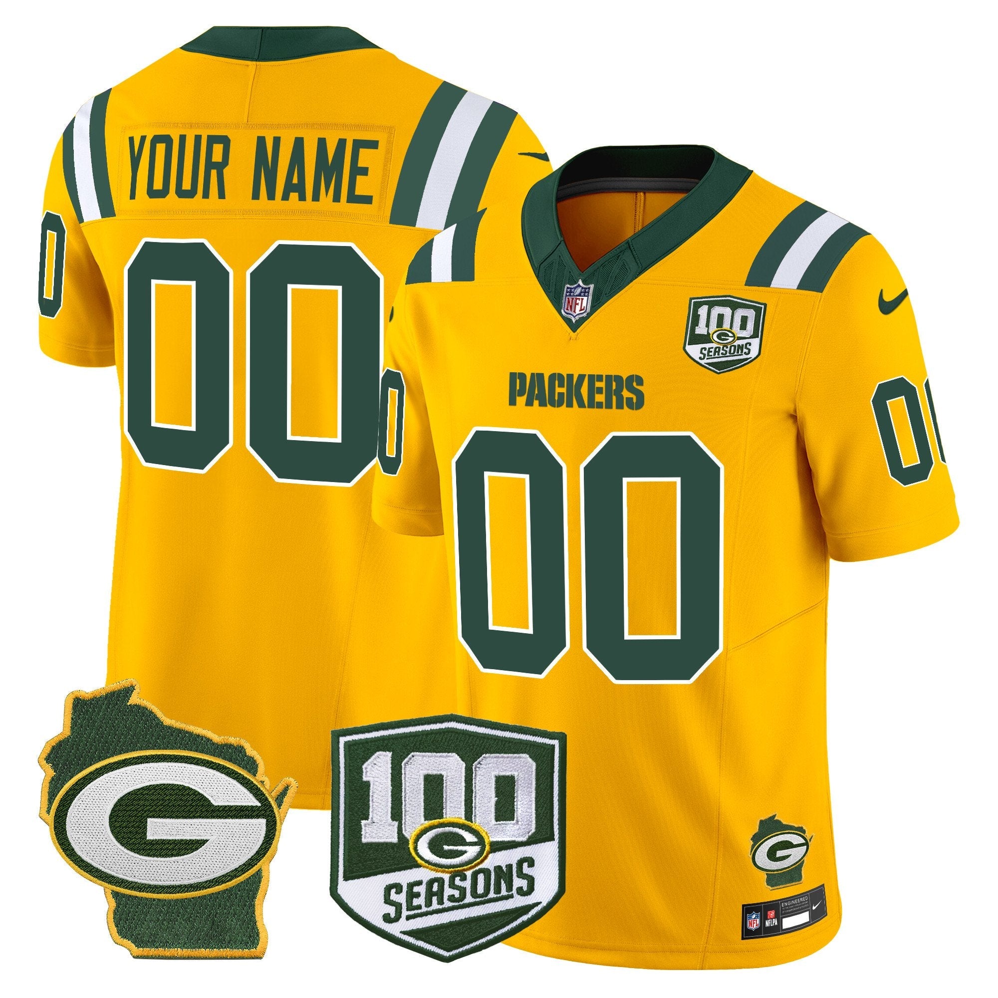 Packers 100th Season & Home Patch Vapor Limited Custom Jersey – All Stitched – Gold Jersey